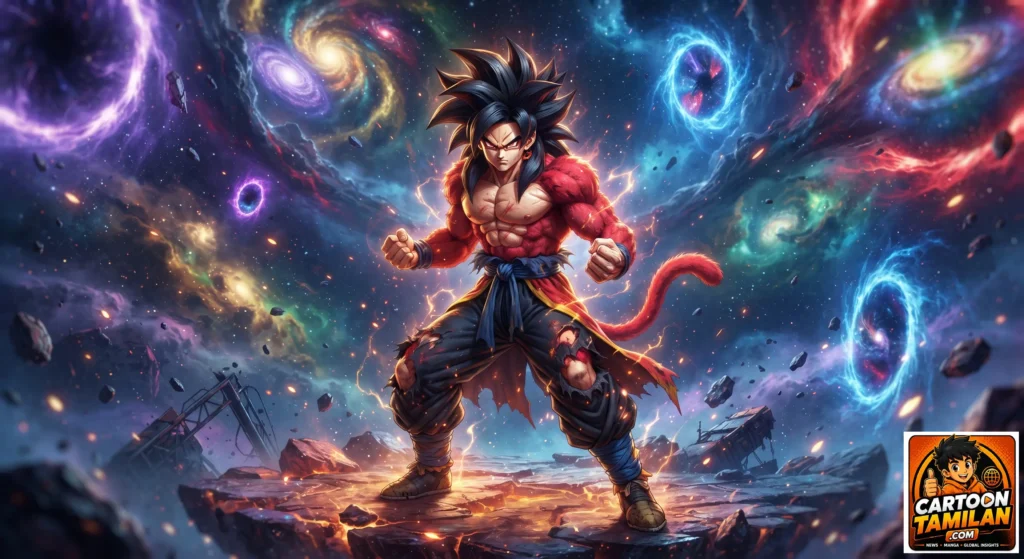 A cinematic 3D animation style image of Xeno Goku in Super Saiyan 4 form, featuring bright red fur, black hair, and glowing energy portals on a cosmic battlefield.