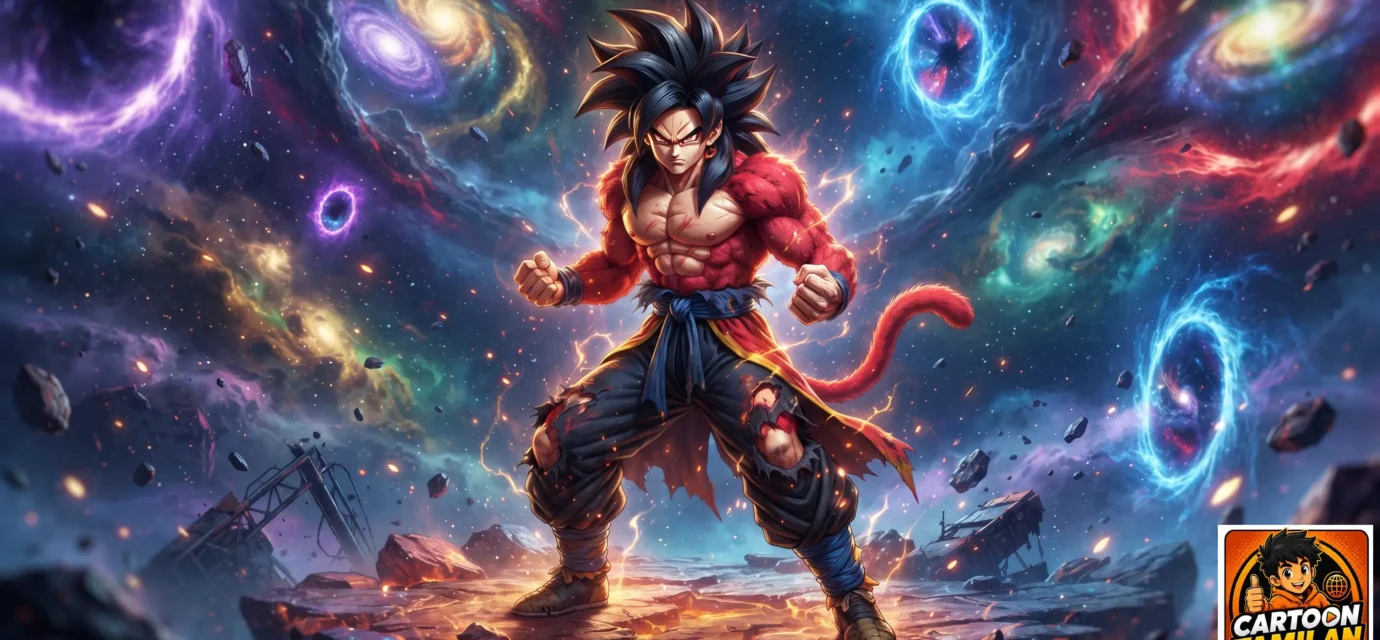 A cinematic 3D animation style image of Xeno Goku in Super Saiyan 4 form, featuring bright red fur, black hair, and glowing energy portals on a cosmic battlefield.