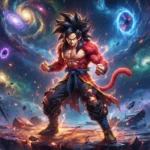 A cinematic 3D animation style image of Xeno Goku in Super Saiyan 4 form, featuring bright red fur, black hair, and glowing energy portals on a cosmic battlefield.