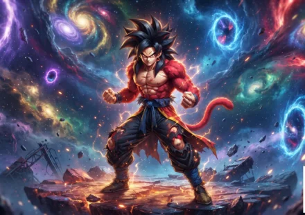 A cinematic 3D animation style image of Xeno Goku in Super Saiyan 4 form, featuring bright red fur, black hair, and glowing energy portals on a cosmic battlefield.