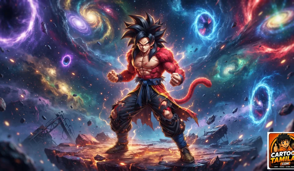 A cinematic 3D animation style image of Xeno Goku in Super Saiyan 4 form, featuring bright red fur, black hair, and glowing energy portals on a cosmic battlefield.