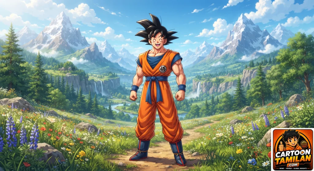 Son Goku in base form smiling with his signature spiky black hair and orange martial arts gi, vibrant anime art style.