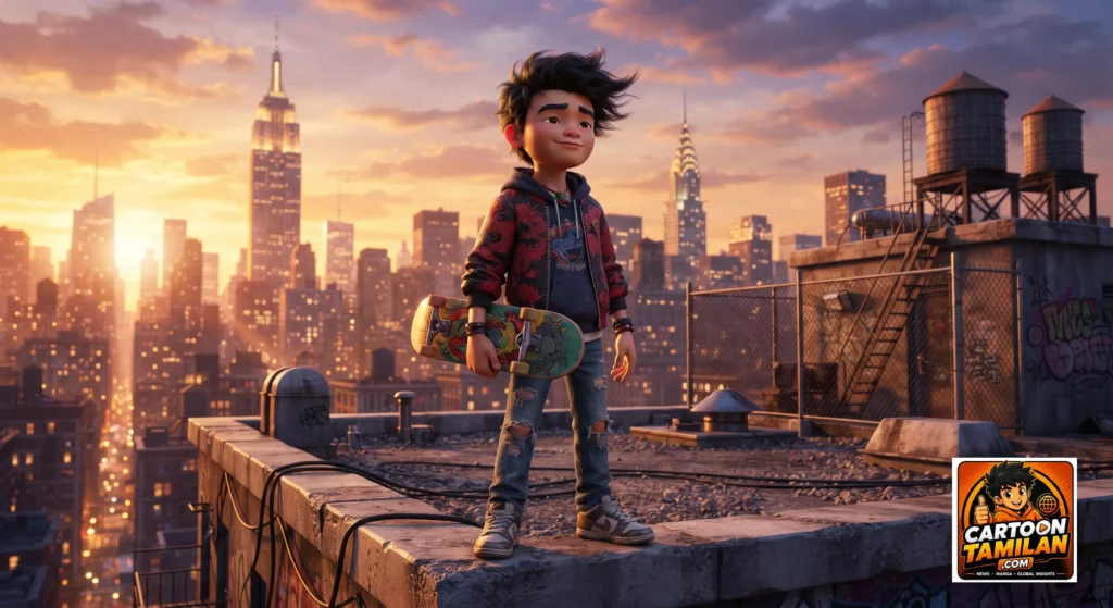 A cinematic, high-quality 3D animation style image of Jake Long in his teenage human form, holding a skateboard, standing on a rooftop in New York City at sunset, vibrant colors, detailed clothing, dynamic lighting.