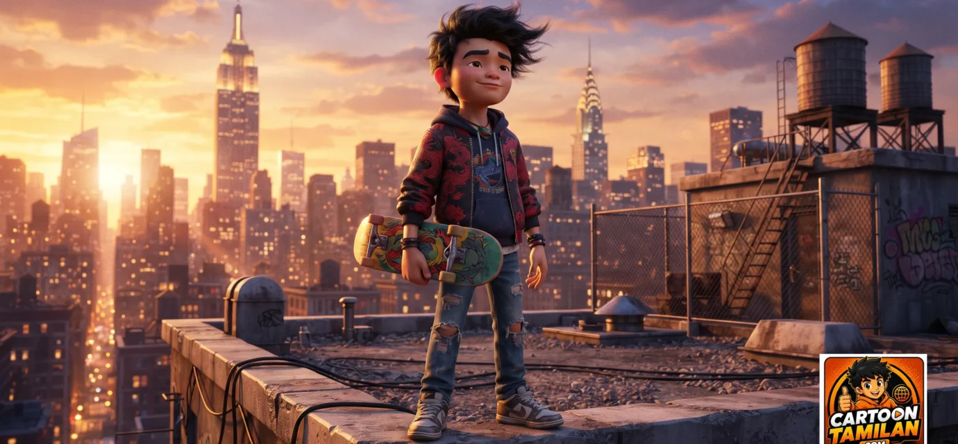 A cinematic, high-quality 3D animation style image of Jake Long in his teenage human form, holding a skateboard, standing on a rooftop in New York City at sunset, vibrant colors, detailed clothing, dynamic lighting.