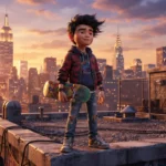 A cinematic, high-quality 3D animation style image of Jake Long in his teenage human form, holding a skateboard, standing on a rooftop in New York City at sunset, vibrant colors, detailed clothing, dynamic lighting.
