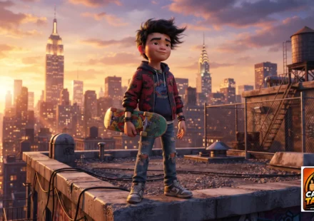 A cinematic, high-quality 3D animation style image of Jake Long in his teenage human form, holding a skateboard, standing on a rooftop in New York City at sunset, vibrant colors, detailed clothing, dynamic lighting.
