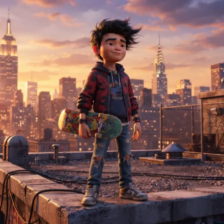 A cinematic, high-quality 3D animation style image of Jake Long in his teenage human form, holding a skateboard, standing on a rooftop in New York City at sunset, vibrant colors, detailed clothing, dynamic lighting.