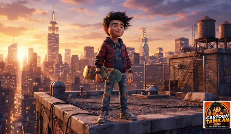 A cinematic, high-quality 3D animation style image of Jake Long in his teenage human form, holding a skateboard, standing on a rooftop in New York City at sunset, vibrant colors, detailed clothing, dynamic lighting.