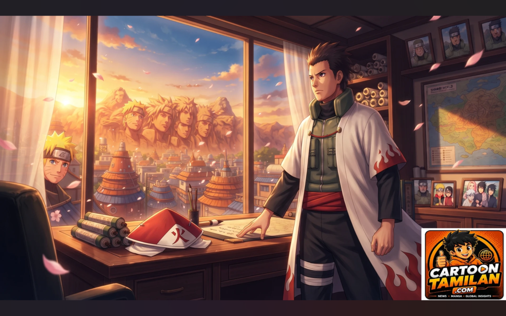 Konohamaru Sarutobi as the 8th Hokage standing in the Hokage's office overlooking Konoha village at sunset