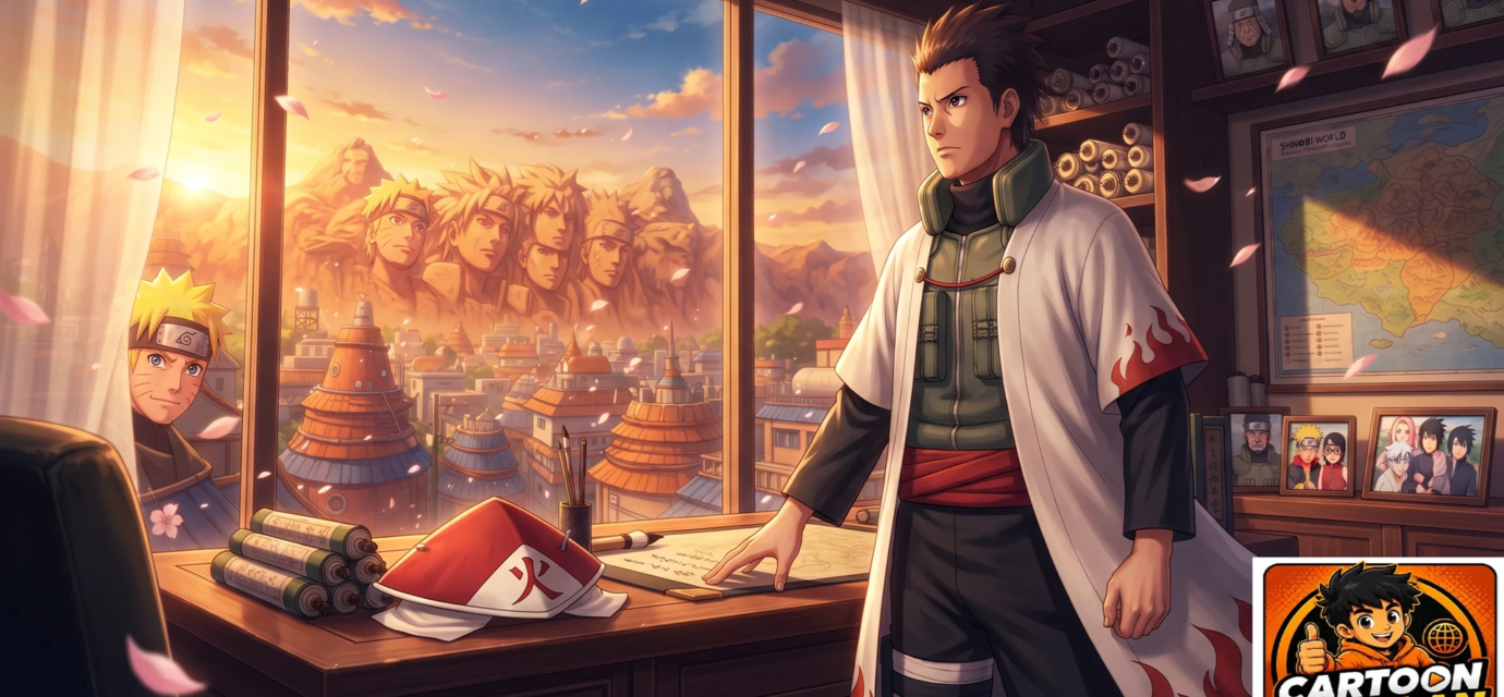 Konohamaru Sarutobi as the 8th Hokage standing in the Hokage's office overlooking Konoha village at sunset