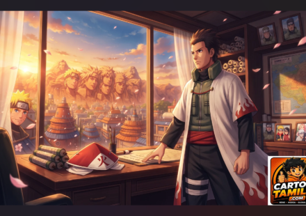 Konohamaru Sarutobi as the 8th Hokage standing in the Hokage's office overlooking Konoha village at sunset