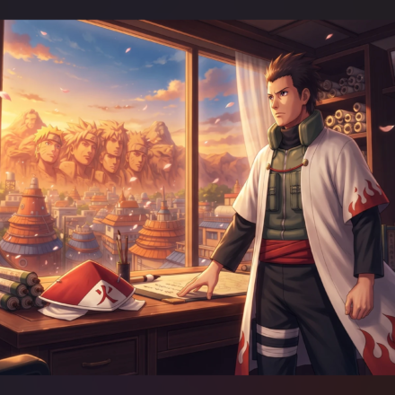 Konohamaru Sarutobi as the 8th Hokage standing in the Hokage's office overlooking Konoha village at sunset