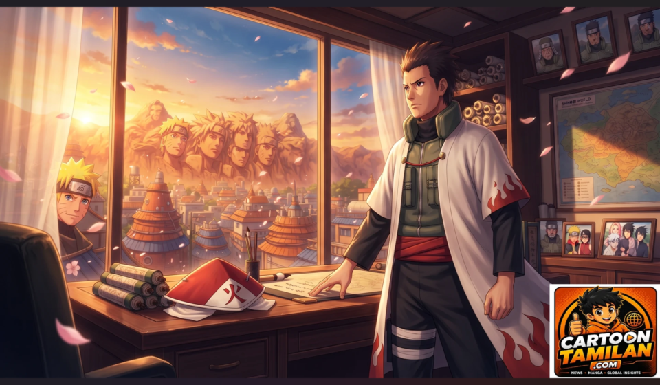 Konohamaru Sarutobi as the 8th Hokage standing in the Hokage's office overlooking Konoha village at sunset