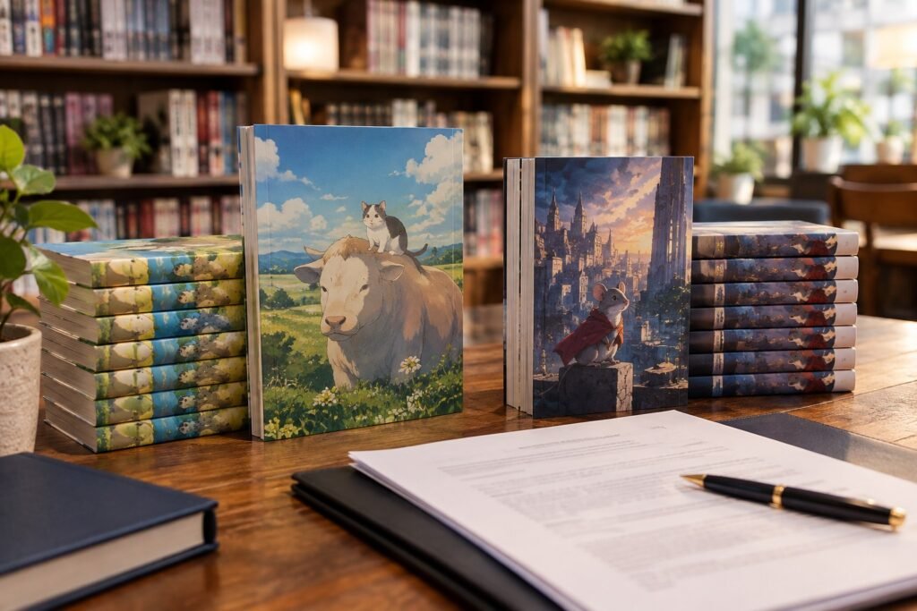 Seven Seas Entertainment manga and light novel licensing news — original editorial illustration of Japanese manga books and publishing contracts